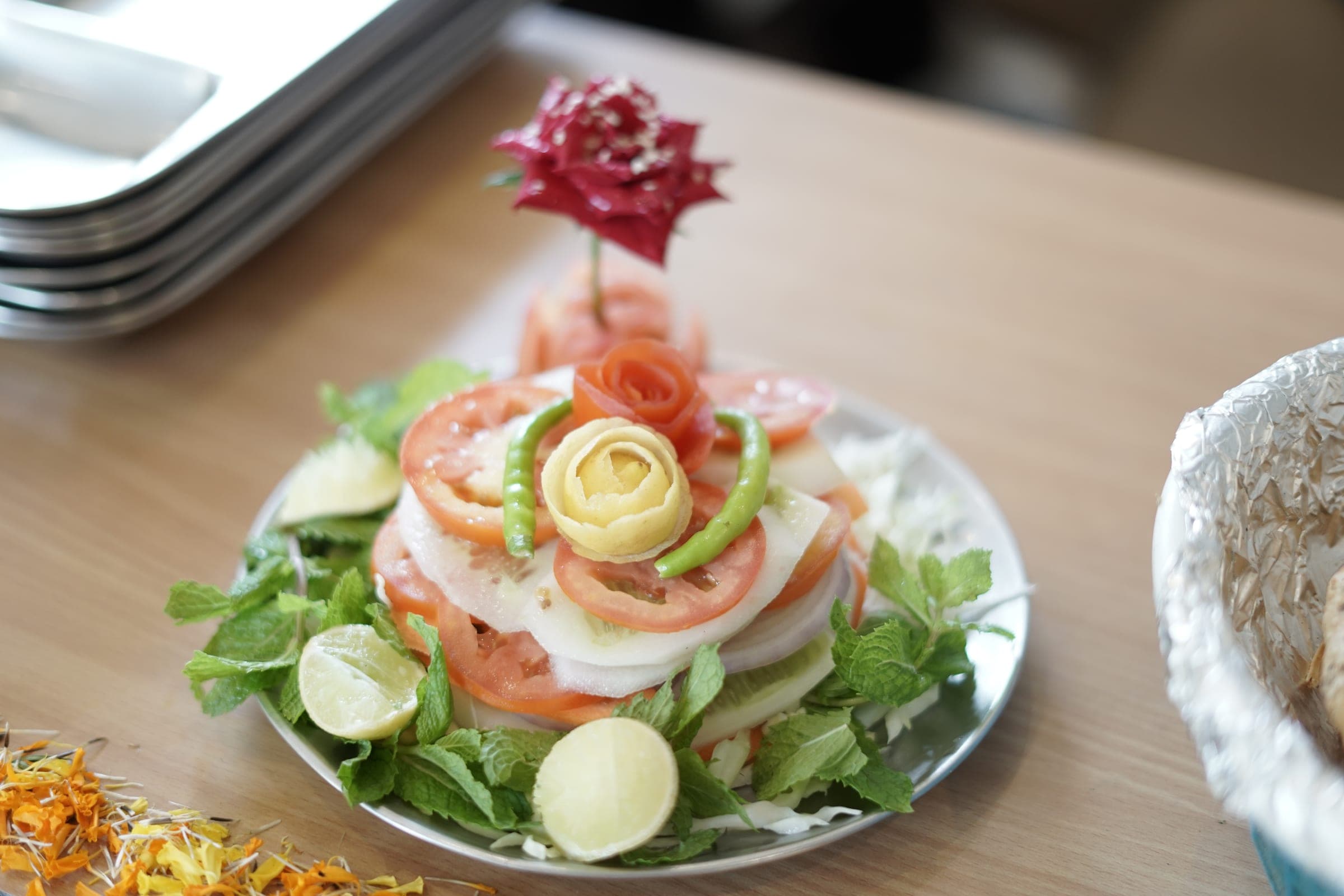 A salad plated for the table