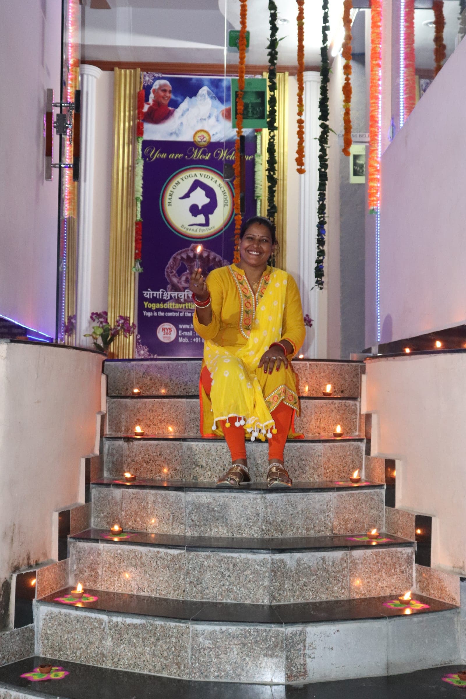Diwali lamps set down the school stairs