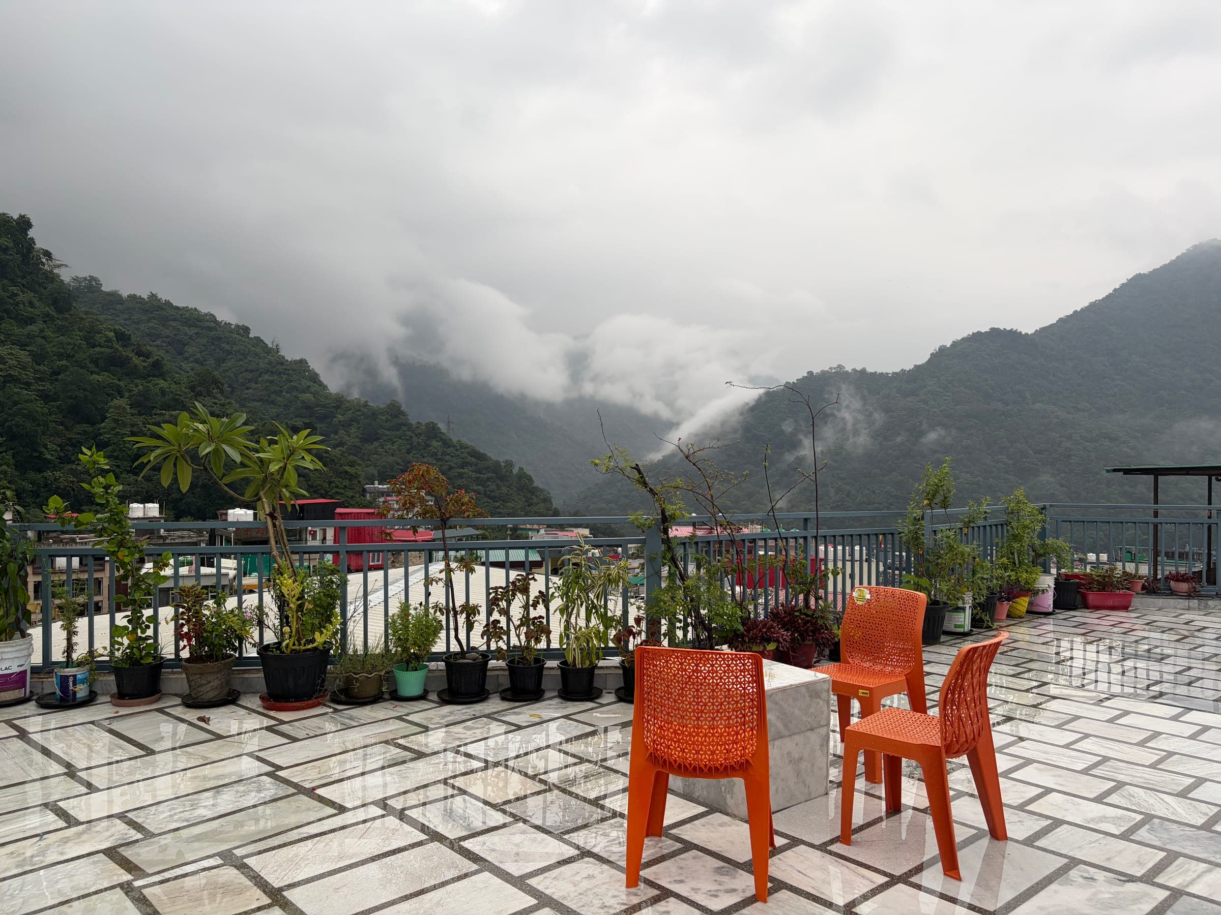 Chairs and plants along the terrace rail