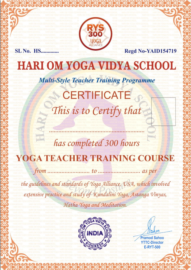 hari Om yoga vidya school Registered Yoga Certificate for students