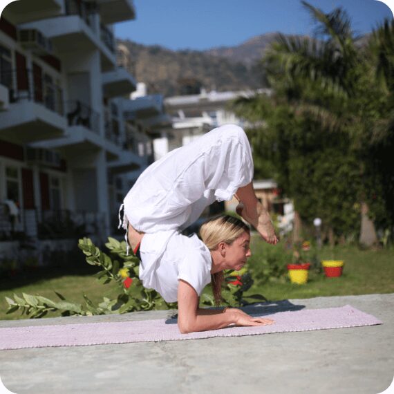 Hatha yoga class in progress at our yoga teacher training Rishikesh