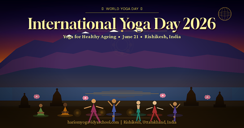 International Yoga Day 2026 – Diverse yoga practitioners at sunrise on the Ganges River, Rishikesh, India