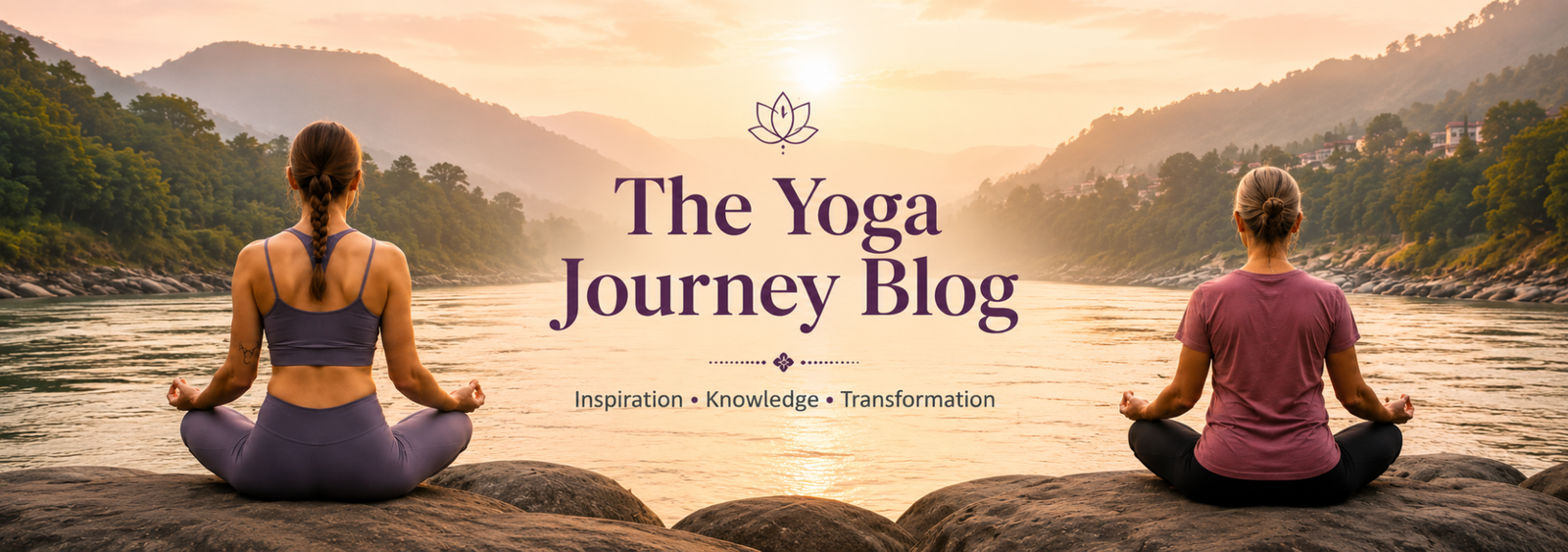 The Yoga Journey Blog banner featuring two people meditating beside a peaceful river in the Himalayas at sunrise, symbolizing inspiration, knowledge, and transformation through yoga.
