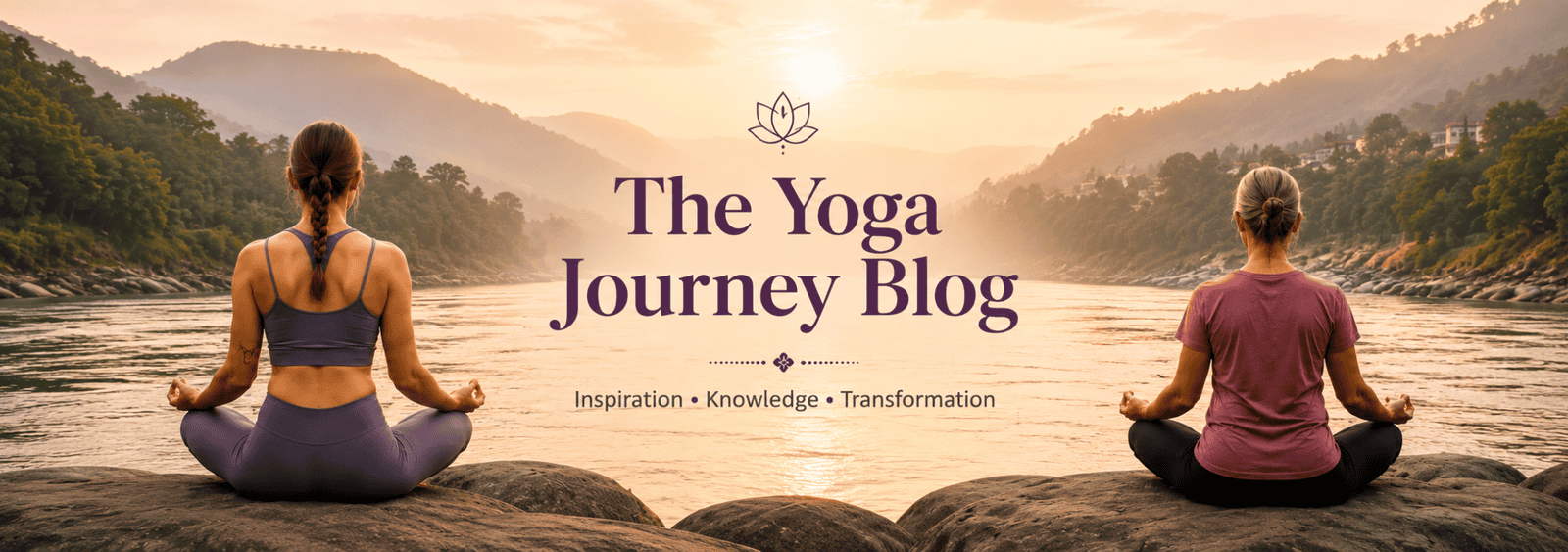 The Yoga Journey Blog banner featuring two people meditating beside a peaceful river in the Himalayas at sunrise, symbolizing inspiration, knowledge, and transformation through yoga.